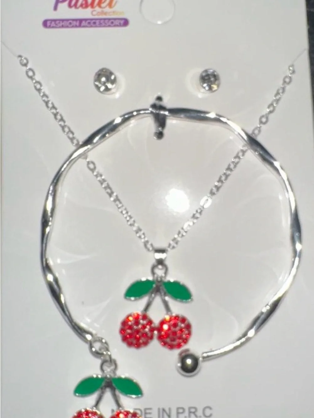 Kids Silver Cherry Necklace and Earrings Set - Red Green